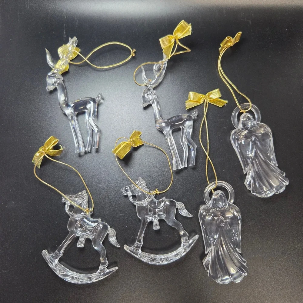 Clear Plastic Christmas Ornaments Set of 6 Reindeer Angel Rocking Horse Gold Bow